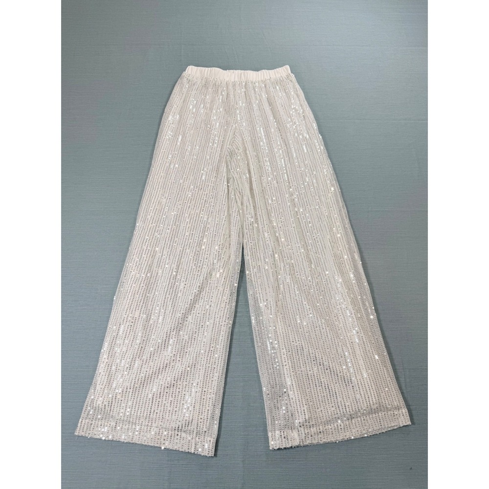 Womens Silver Sequin Wide Leg Pants White Sparkly Party Trousers Size S‎